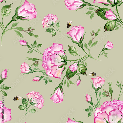 Watercolor seamless pattern bouquet of roses and bumble