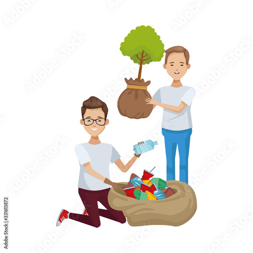 environmentalists men planting and recycling