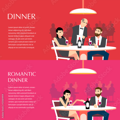 Romantic couple is having a Dinner Date copy space set, vector flat illustrations.