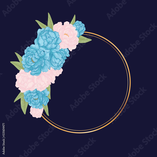 Photography Vector circlet frame with hand drawn illustration of blue and pink peonies with leaves and gold round border on classic blue background