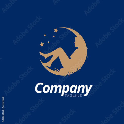 Elegant sleeping woman silhouette logo vector reclining in crescent moon with stars for wellness spa sleep therapy or beauty brand identity