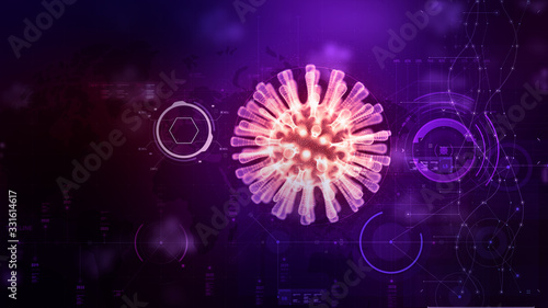 3D Rendering wireframe virus for Covid-19 Coronavirus outbreak concept,  with chemical structure background, 3D medical of floating influenza virus cells in microscopic view, pandemic risk concept
