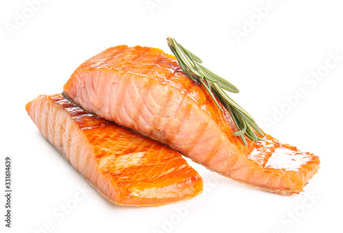 Photography Cooked salmon fillet on white background