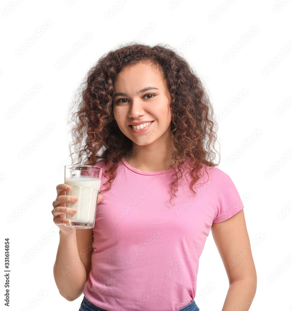 Young African-American woman with milk on white background Young African-American woman with milk on white background