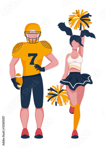 A player in uniform and ball and a cheerleader girl with pompoms on a white background
