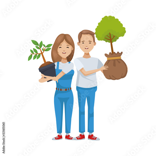 environmentalists couple planting tree characters