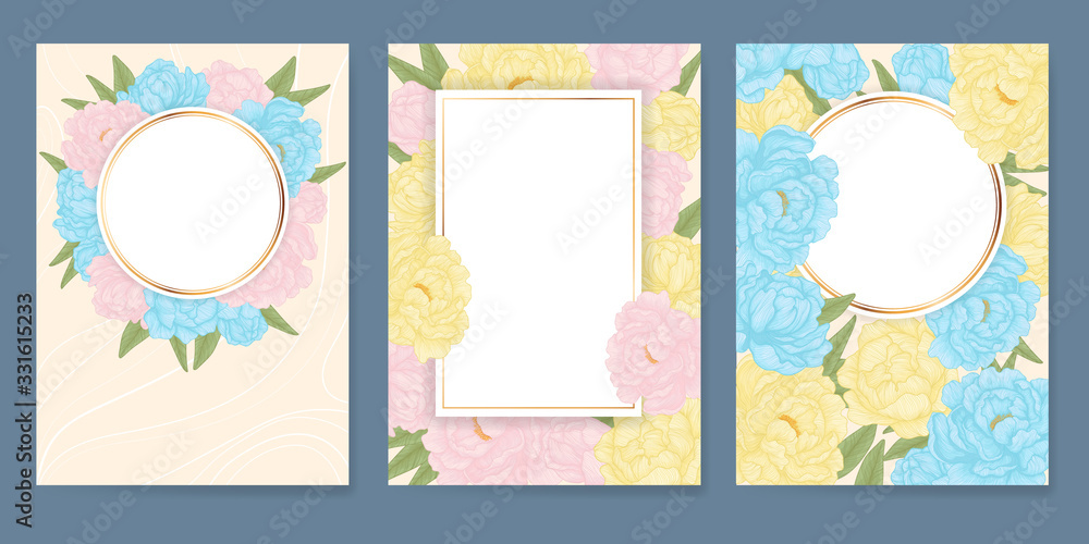 Set of three vertical vector banners with hand drawn pink, yellow and blue peonies with leaves on begie background. Collection of leaflet template for wedding or cosmetics design with peony flowers Set of three vertical vector banners with hand drawn pink, yellow and blue peonies with leaves on begie background. Collection of leaflet template for wedding or cosmetics design with peony flowers