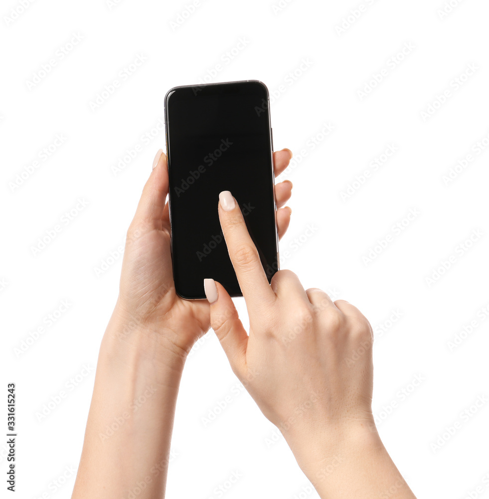 Female hands with mobile phone on white background Female hands with mobile phone on white background