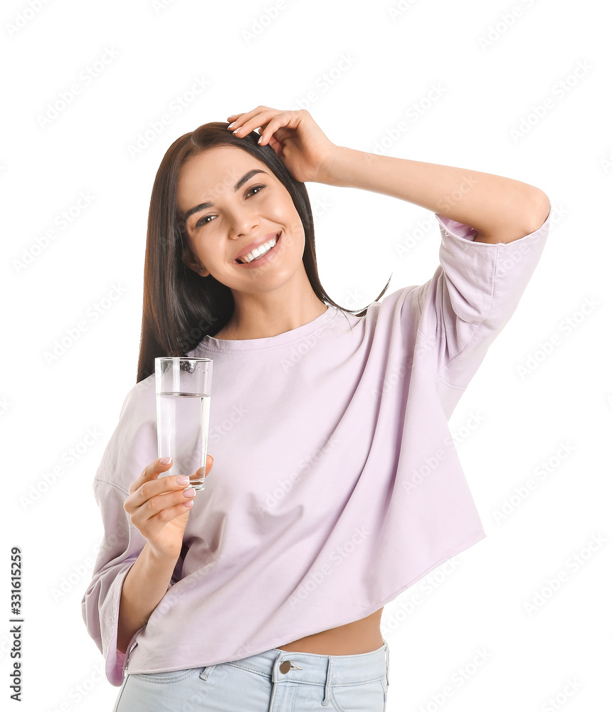 Beautiful young woman with glass of water on white background Beautiful young woman with glass of water on white background