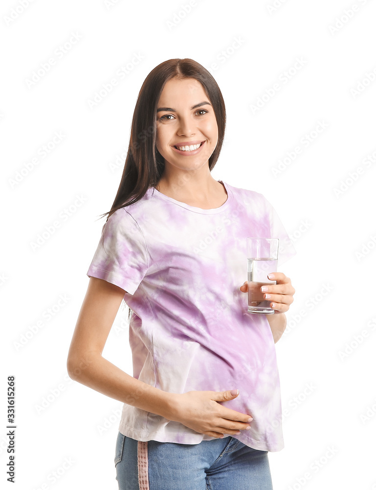 Beautiful pregnant woman with glass of water on white background Beautiful pregnant woman with glass of water on white background