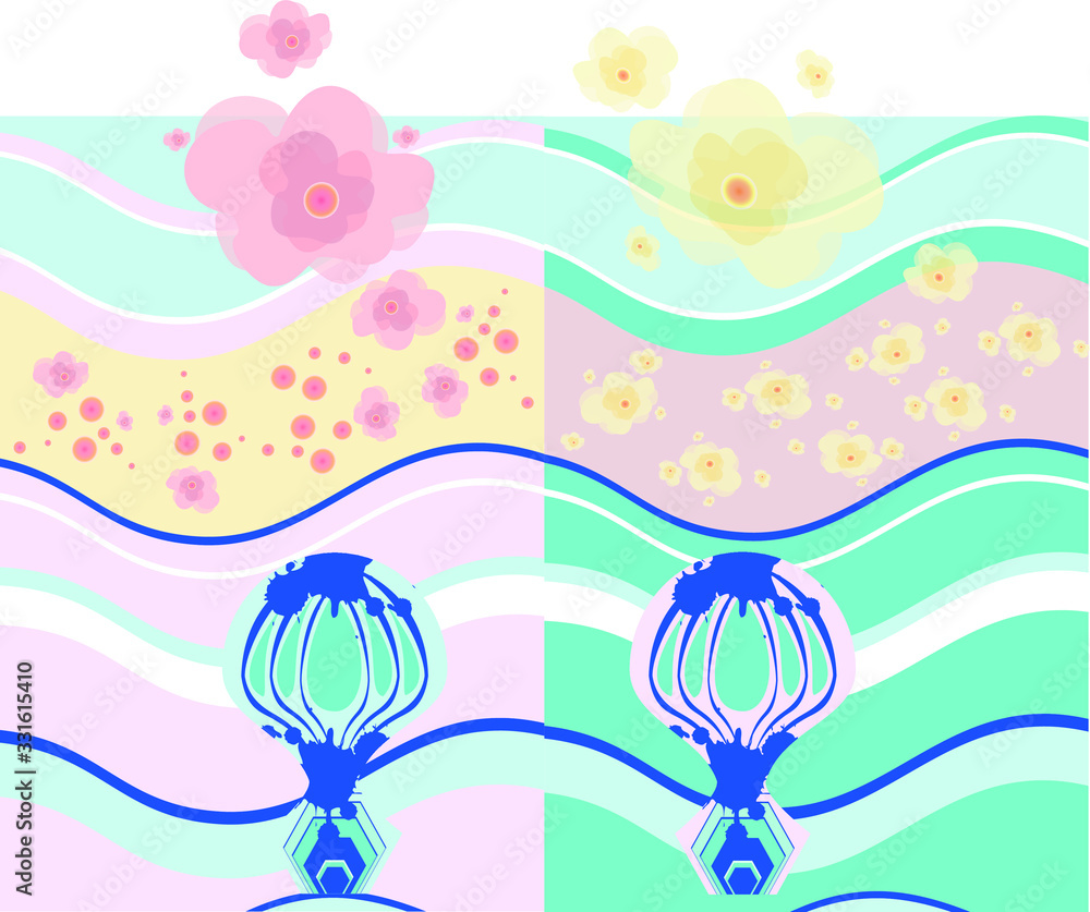 abstract background pattern with flowers and hot air balloon