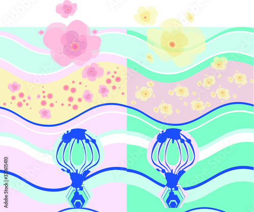 abstract background pattern with flowers and hot air balloon