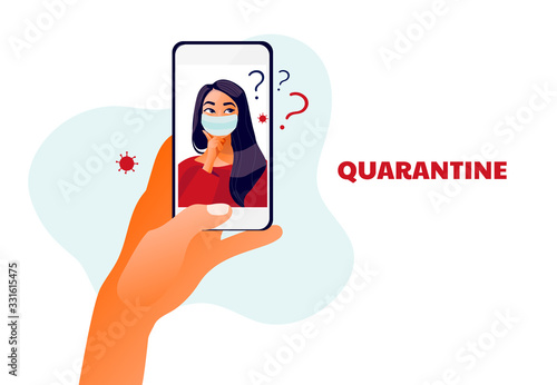 2019-ncov quarantine. Sad woman in protective mask on phone screen questioning. Remote work concept. Coronavirus panic. Lovers apart. Isolated sick person vector illustration.
