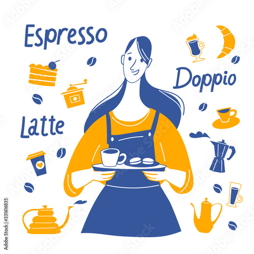 Espresso motivational vector design with barista and coffee stuff