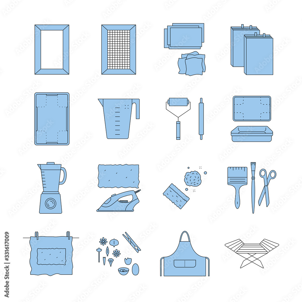 Items for hand papermaking icon set vector Items for hand papermaking icon set vector