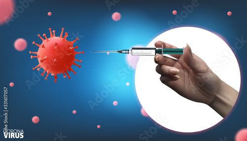 Corona virus Vaccine concept with syringe and virus background. Vaccine Concept of fight against coronavirus. virus cell and hypodermic syringe.