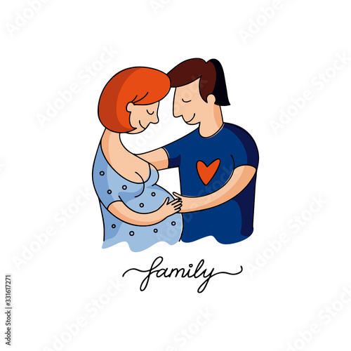 Man and pregnant woman in love hugging. Vector colorful contour flat illustration. Future happy parents. Happiness, childbirth, pregnancy. Great print, postcard, poster. Family planning.
