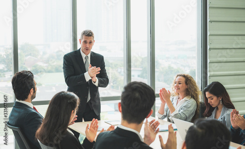 Business People Meeting Conference Discussion Corporate Concept in office. Team of newage Multiethnic Diverse Busy Business People in seminar Concept.