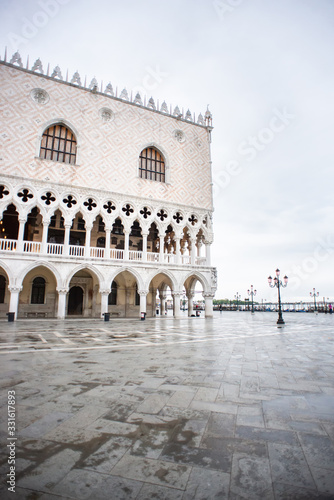 Doges Palace  Palazzo Ducale  on Saint Mark square at Rainy Morning in Venice.
