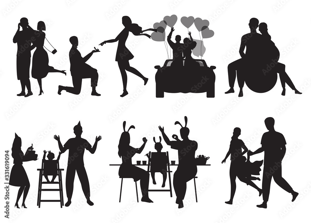 Obraz premium A set of silhouettes of scenes about the lives of two people in love. Black and white vector illustration from dating to childbirth.