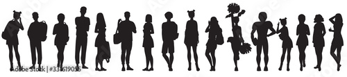 PrintA silhouette of teenage girls and boys with books and backpacks. Black and white vector illustration 