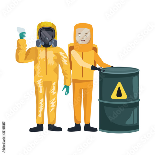 workers with biohazard suits and barrel characters