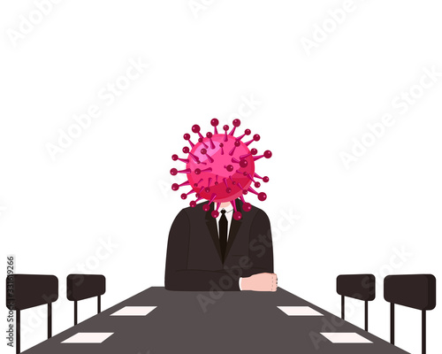 Virus character, human body head virus, leads a meeting at the table. Microbe, Pathogen, coronavirus flu germ virus infection bacteriaicon