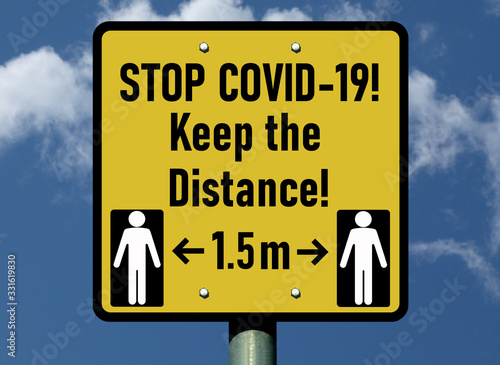Social Distancing. yellow road sign type COVID-19 label. infectious disease prevention concept. virus hazard. also called Coronavirus. keep 1.5 m distance. raster image. illustration style. blue sky