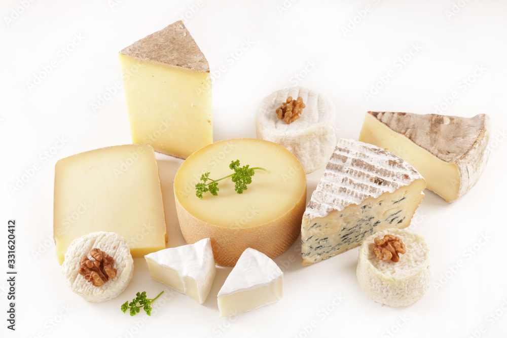 selection of french cheese- assorted of cheese isolated on white background