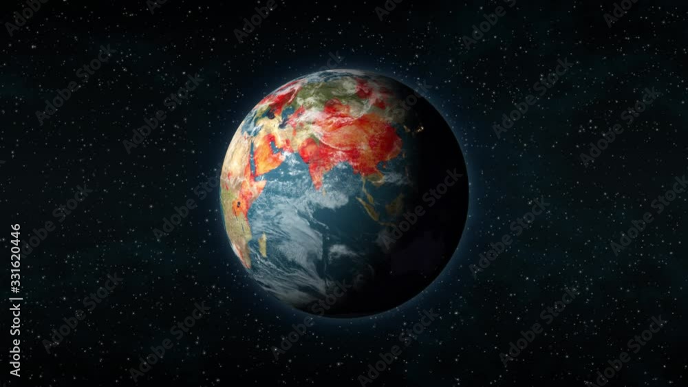 Planet Earth, seen from space, as red blotches start covering the entire globe, like a pandemic virus outbreak such as the coronavirus disease (COVID-19). Planet Earth, seen from space, as red blotches start covering the entire globe, like a pandemic virus outbreak such as the coronavirus disease (COVID-19).