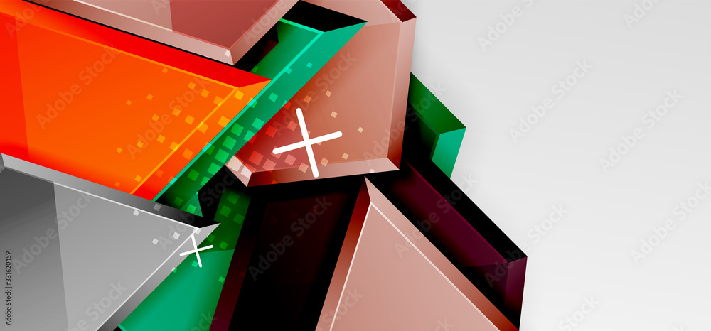 Metal glossy shiny geometric shapes with 3d effect composition. Techno futuristic vector abstract background For Wallpaper, Banner, Background, Card, Book Illustration, landing page