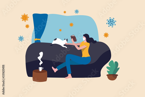 Social Distancing, stay home in COVID-19 coronavirus outbreak, stay in the house to prevent virus infection, happy woman stay calm reading book playing with cat in her home, virus pathogens outside