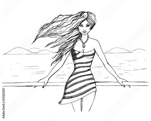Beautiful young girl stands on the promenade and the wind develops her long hair. Summer vacation travel. Vector monochrome illustration isolated on white