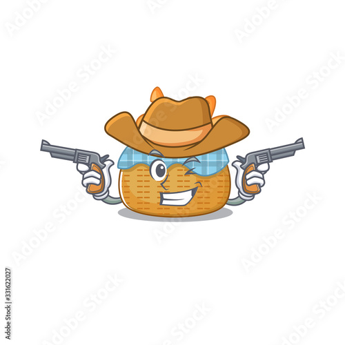 Funny bread basket as a cowboy cartoon character holding guns photo