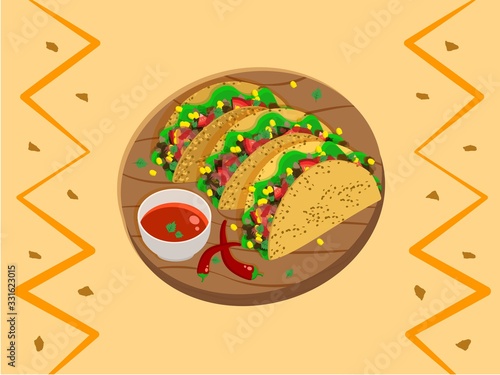 Three Mexican tacos on a wooden tray with spicy sauce and chili peppers