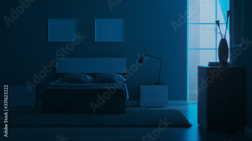 Plakat Modern interior of a bedroom with light green walls. Night. Evening lighting. 3D rendering.