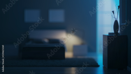 Modern interior of a bedroom with light green walls. Night. Evening lighting. 3D rendering.