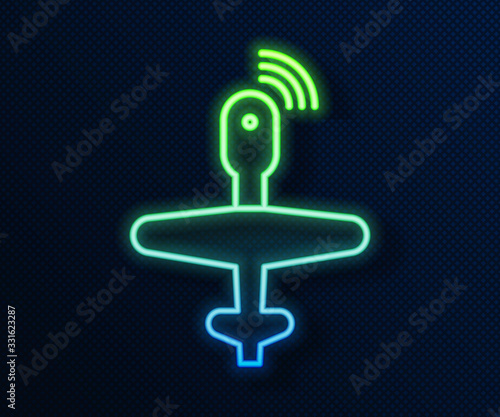 Glowing neon line UAV Drone icon isolated on blue background. Military Unmanned aircraft spy. Vector Illustration