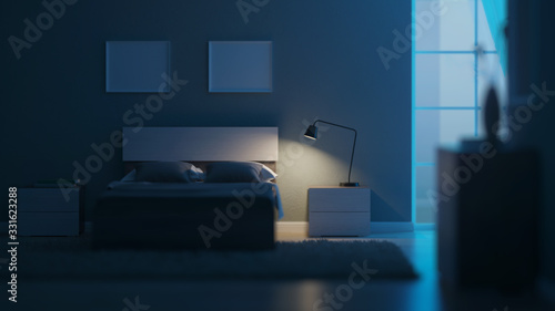 Plakat Modern interior of a bedroom with light green walls. Night. Evening lighting. 3D rendering.