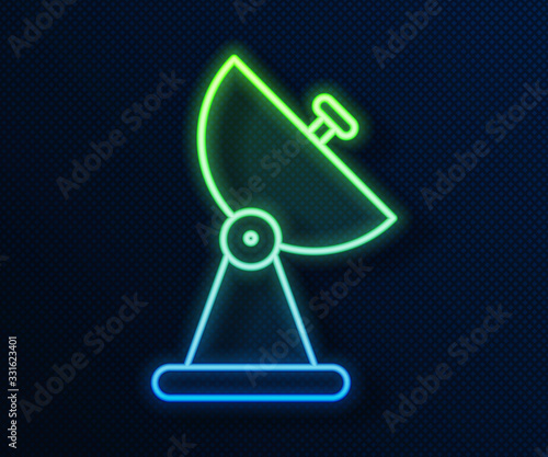 Glowing neon line Radar icon isolated on blue background. Search system. Satellite sign. Vector Illustration