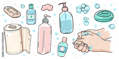 Hand washing, sanitizer, disposable towels, soap for the prevention of viral infections.