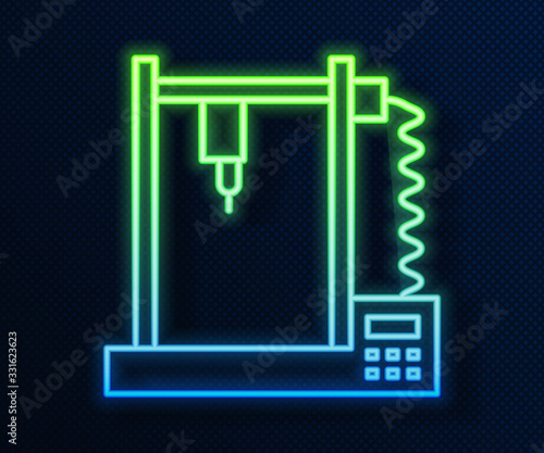 Glowing neon line 3D printer icon isolated on blue background. Vector Illustration