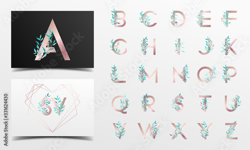 Beautiful rose gold alphabet collection decorated with green floral in watercolor style 