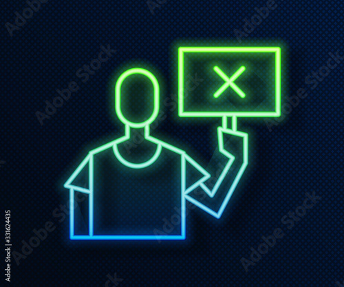 Glowing neon line Nature saving protest icon isolated on blue background. Earth planet protection, environmental issues demonstration. Vector Illustration