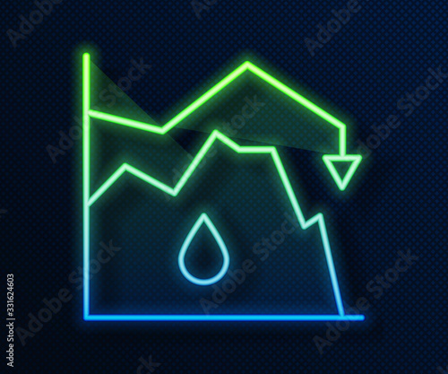 Glowing neon line Drop in crude oil price icon isolated on blue background. Oil industry crisis concept. Vector Illustration