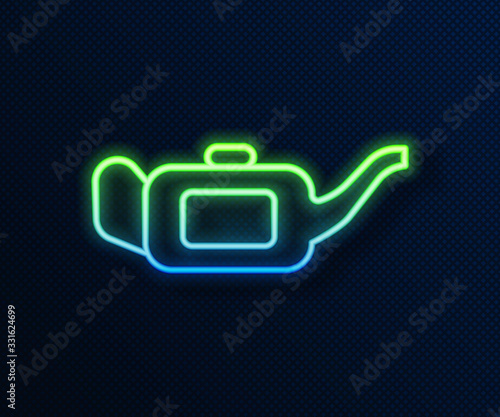 Glowing neon line Canister for motor machine oil icon isolated on blue background. Oil gallon. Oil change service and repair. Vector Illustration