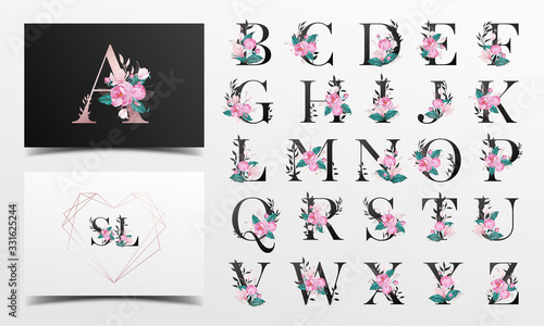 Beautiful alphabet collection decorated with floral in watercolor style 