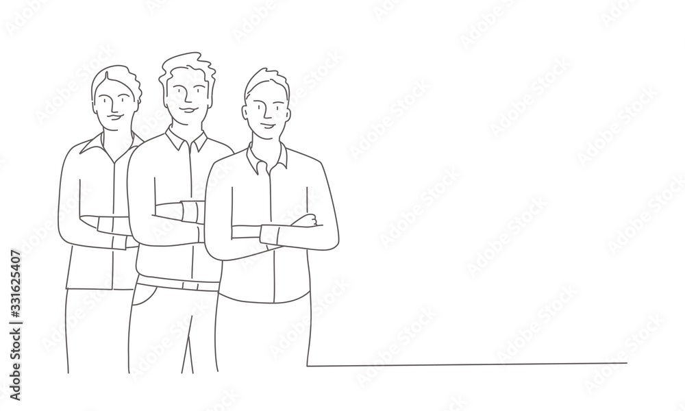 Team with arms crossed. Business concept. Line drawing vector illustration. Team with arms crossed. Business concept. Line drawing vector illustration.