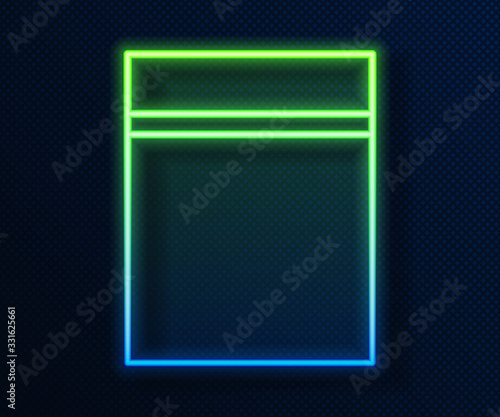 Glowing neon line Plastic bag with ziplock icon isolated on blue background. Vector Illustration