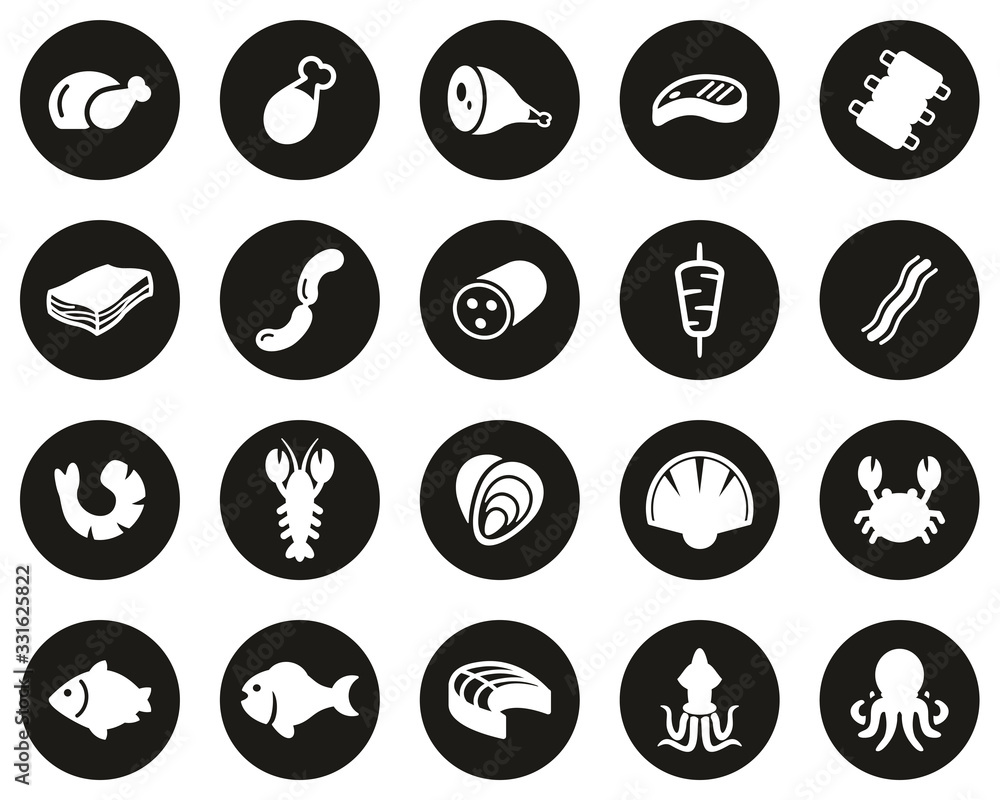 Meat & Seafood Icons White On Black Flat Design Circle Set Big Meat & Seafood Icons White On Black Flat Design Circle Set Big